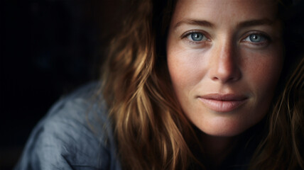 Closeup studio portrait of a vibrant model in her mid-thirties promoting a healthy lifestyle, mental health, and a positive outlook on life. Smiling bright-eyed woman. 