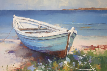 Time's Embrace: A Vivid Impressionistic Seascape Featuring an Old Boat and the Brilliant Sea