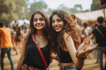 two young woman enjoying at music festival event.