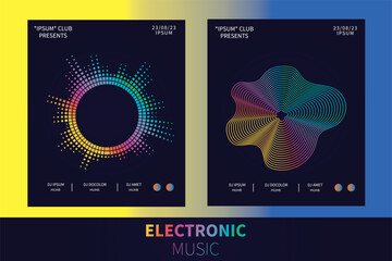 vector template Electronic Music Party Poster with Colorful Equalizer Abstract Wave Lines and Distortion of Circles Gradient Equalizer Design Vector Background for the Night Sound Event Modern Music 