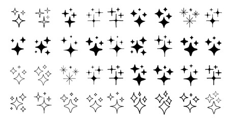 Fototapeta na wymiar Cool Hand-Drawn Sparkle Icons Collection. Shine Effect Sign Vector Design. Set of Doodle Star Shapes. Magic Symbols.