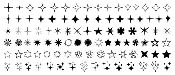 Cool Hand-Drawn Sparkle Icons Collection. Shine Effect Sign Vector Design. Set of Doodle Star Shapes. Magic Symbols. - obrazy, fototapety, plakaty