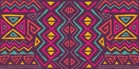 African ethnic seamless pattern in tribal style. Trendy abstract geometric background with grunge texture. Unique design elements for textile, banner, cover, wallpaper, wrapping