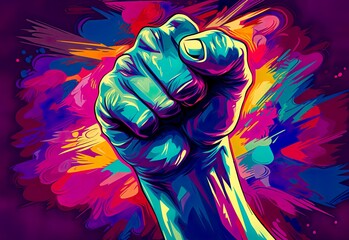 Clenched fist raising upward. Symbol of rebellion, protest and power. Concept of fighting. Human forearm. Colorful artistic representation of power. Banner, card, poster, presentation.