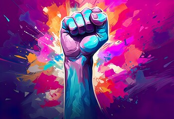 Clenched fist raising upward. Symbol of rebellion, protest and power. Concept of fighting. Human forearm. Colorful artistic representation of power. Banner, card, poster, presentation.