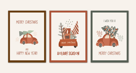 ПечатьSet of greeting Christmas cards to winter holidays, Christmas cars with gift boxes and Christmas trees, hand drawn vector illustration