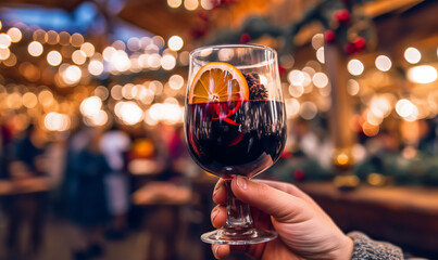 A person holding a warm glass of mulled wine at a festive Christmas market