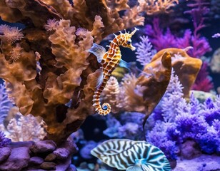 a sea horse is seen in an aquarium habitat with corals and other marine animals