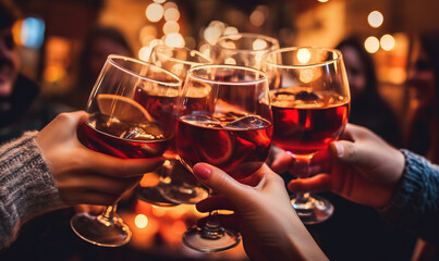Close up of friends toasting with glasses of warm mulled wine at a festive Christmas market - obrazy, fototapety, plakaty