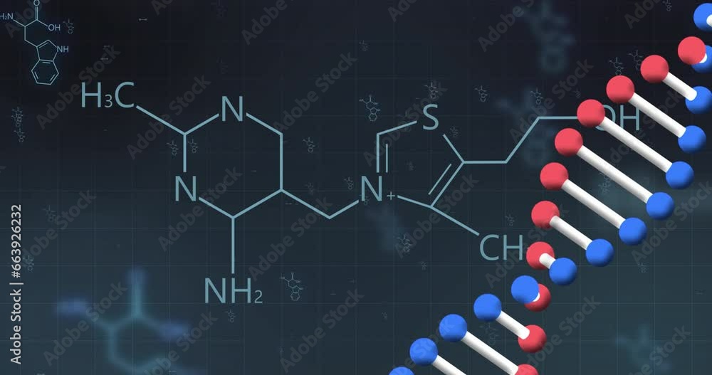 Poster rotating dna strand over element structures and networks on dark background