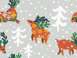 Seamless Christmas pattern with deers in the forest