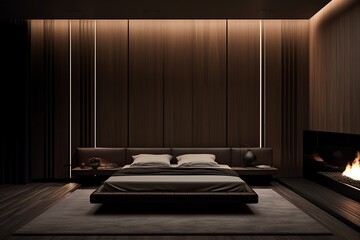 Timeless sophistication: Discover the perfect fusion of minimalistic design and the best interior elements in a modern bedroom, creating a serene, tranquil, and stylish sanctuary - obrazy, fototapety, plakaty