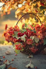 Autumn still life. Bouquet of chrysanthemums with viburnum branches.