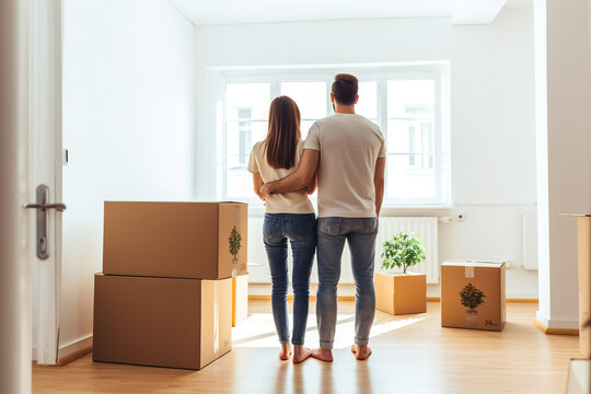 Young couple move in new home. Cardboard boxes on the floor in new apartment. Concept of mortgage, family, real estate and home loan. Moving day