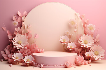 .3D White and Pink Podium with Pink Flowers and Leaves