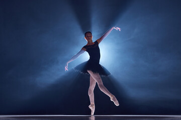 Fototapeta na wymiar Elegant, artistic, tender ballerina, young woman dancing in tutu on stage over spotlight. Blue light. Concept of classical dance, art and grace, beauty, choreography, inspiration