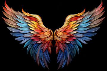 Obraz premium Colorful Feathered Wings Against a Black Background