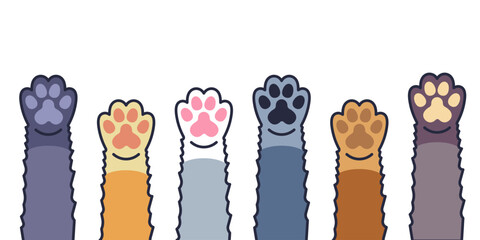 Fluffy cute colored cat paws in flat simple style. Illustration of cute paws of cats in different colors