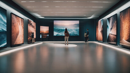 An art gallery with walls made of interactive digital screens - obrazy, fototapety, plakaty