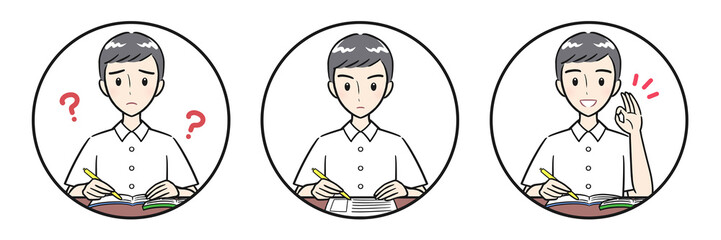 勉強を頑張る男子学生の丸いアイコンセット