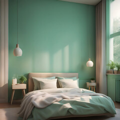 A bedroom with a green wall and a bed with a blue pillow on it. Created With Generative AI