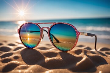 Fototapeta na wymiar Nahaufnahme einer schillernden Sonnenbrille am Strand, die im Sonnenlicht glänzt und ein fesselndes Spiel von Farben und Reflexionen erzeugt.