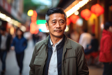 Middle Age Chinese Man Walking On The Street In Chinatown. Ai Generated
