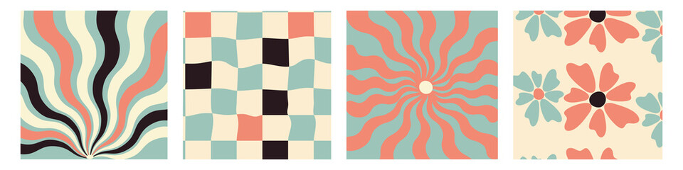 Fototapeta na wymiar Collection of retro checkerboard backgrounds featuring vivid hues. A groovy and psychedelic chessboard pattern inspired by the 60s and 70s. Perfect for print templates, textiles, or as a vector wallpa