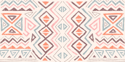 African ethnic seamless pattern in tribal style. Trendy abstract geometric background with grunge texture. Unique design elements for textile, banner, cover, wallpaper, wrapping