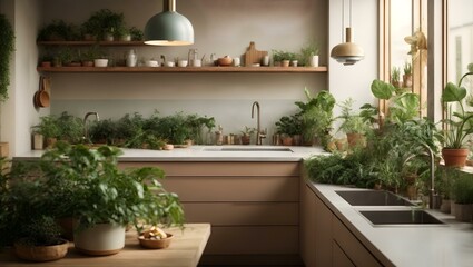 kitchen with a sink and a counter with plants in it