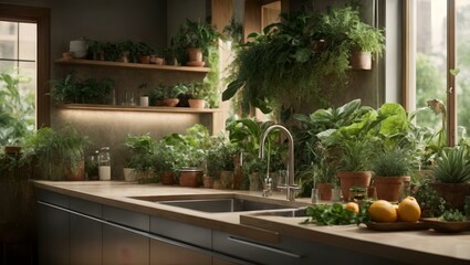 Obraz premium kitchen with a sink and a counter with plants in it