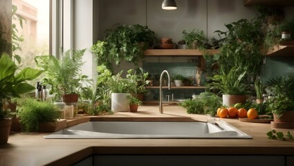Fototapeta na wymiar kitchen with a sink and a counter with plants in it