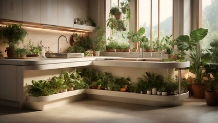Fototapeta na wymiar kitchen with a sink and a counter with plants in it