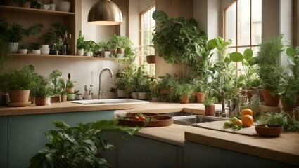 kitchen with a sink and a counter with plants in it