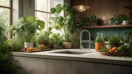 kitchen with a sink and a counter with plants in it