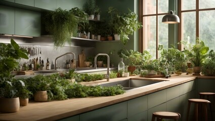 kitchen with a sink and a counter with plants in it