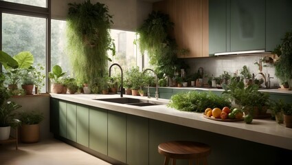 kitchen with a sink and a counter with plants in it