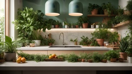 kitchen with a sink and a counter with plants in it