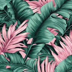 Tropical vector green leaves seamless pattern pink background. Exotic wallpaper. generative ai