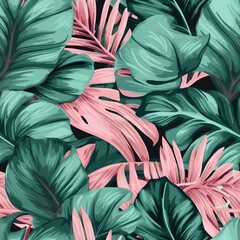 Tropical vector green leaves seamless pattern pink background. Exotic wallpaper. generative ai
