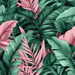 Tropical vector green leaves seamless pattern pink background. Exotic wallpaper. generative ai