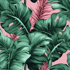 Tropical vector green leaves seamless pattern pink background. Exotic wallpaper. generative ai