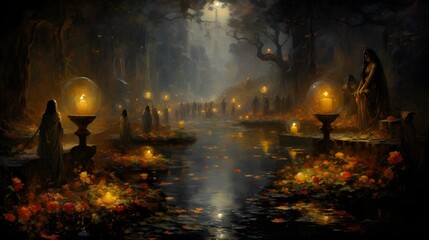 Fototapeta premium Diwali Background, Lotus flower, diya lamp, hindu festival, indian wallpaper