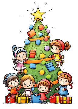 Cartoon kids decorating Christmas tree. Transparency available.