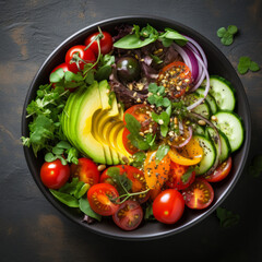 Healthy salad bowl of fresh vegetables, avocado tomato cucumber. flat lay on a grey background