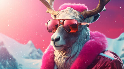Portrait of a Christmas funny deer wearing pink sunglasses against snowy landscape. New Year holidays concept.