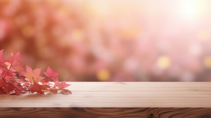 Naklejka na ściany i meble Empty Wooden surface for presentation with blurred autumn garden and flowers background, mockup, Space for presentation