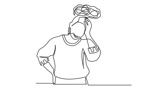 recommend clip art: Continuous line drawings of a young woman's sad emotional shock, loss, grief, life problems, confusion messy feelings worried about bad mental health. The concept of failure and heartbreak is isolated