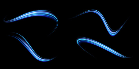 Abstract light lines of speed movement, blue colors. Light everyday glowing effect. semicircular wave, light trail curve swirl, optical fiber incandescent png. EPS10