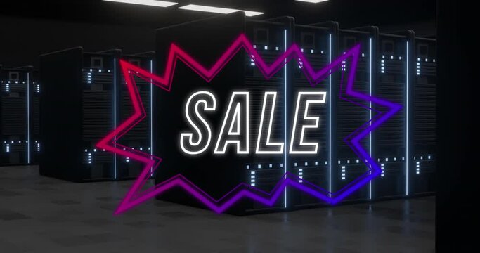 Animation of sale text in neon speech bubble over computer servers